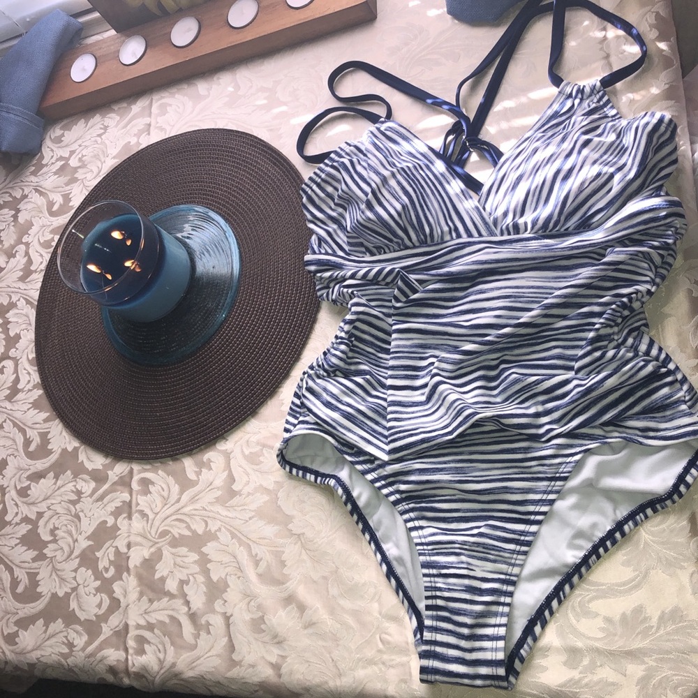 “Time and Tru” Blue/white-striped one-piece swim
